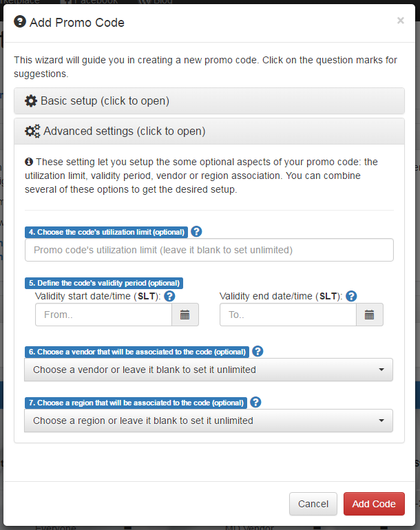 Promo Codes - Create new code / advanced settings
