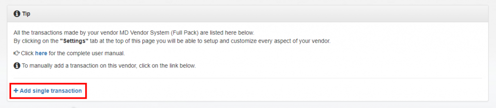 MD Vendor System details – Add single transaction