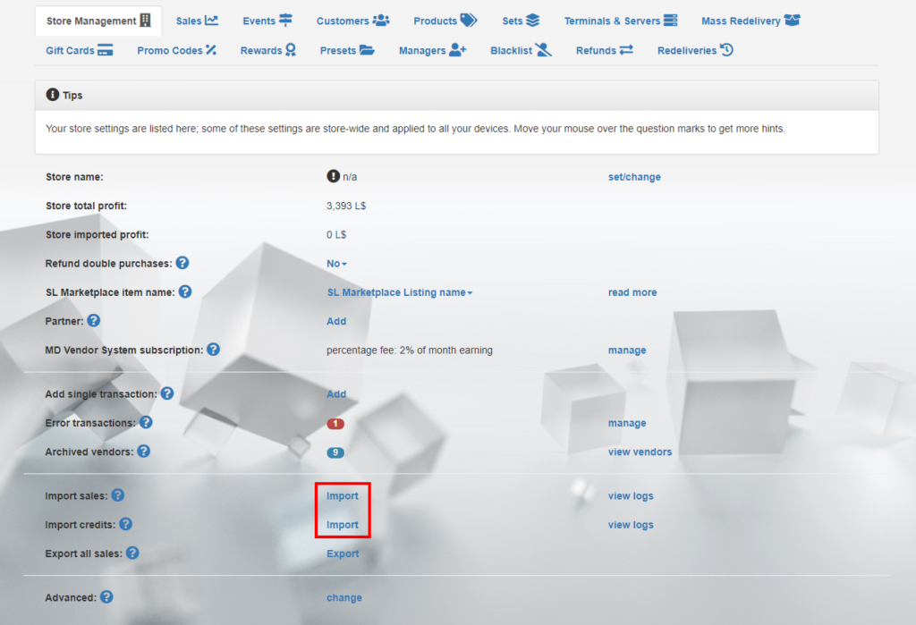 Store Management tab - import sales & credits (click to enlarge)