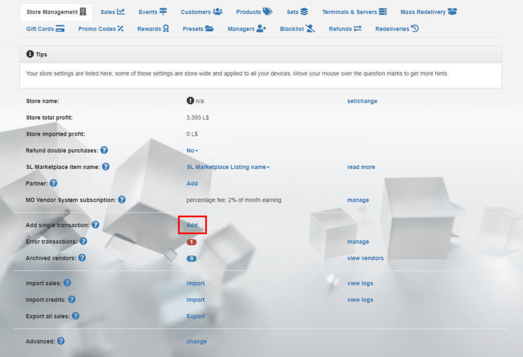 Store Management tab - add single transaction (click to enlarge)