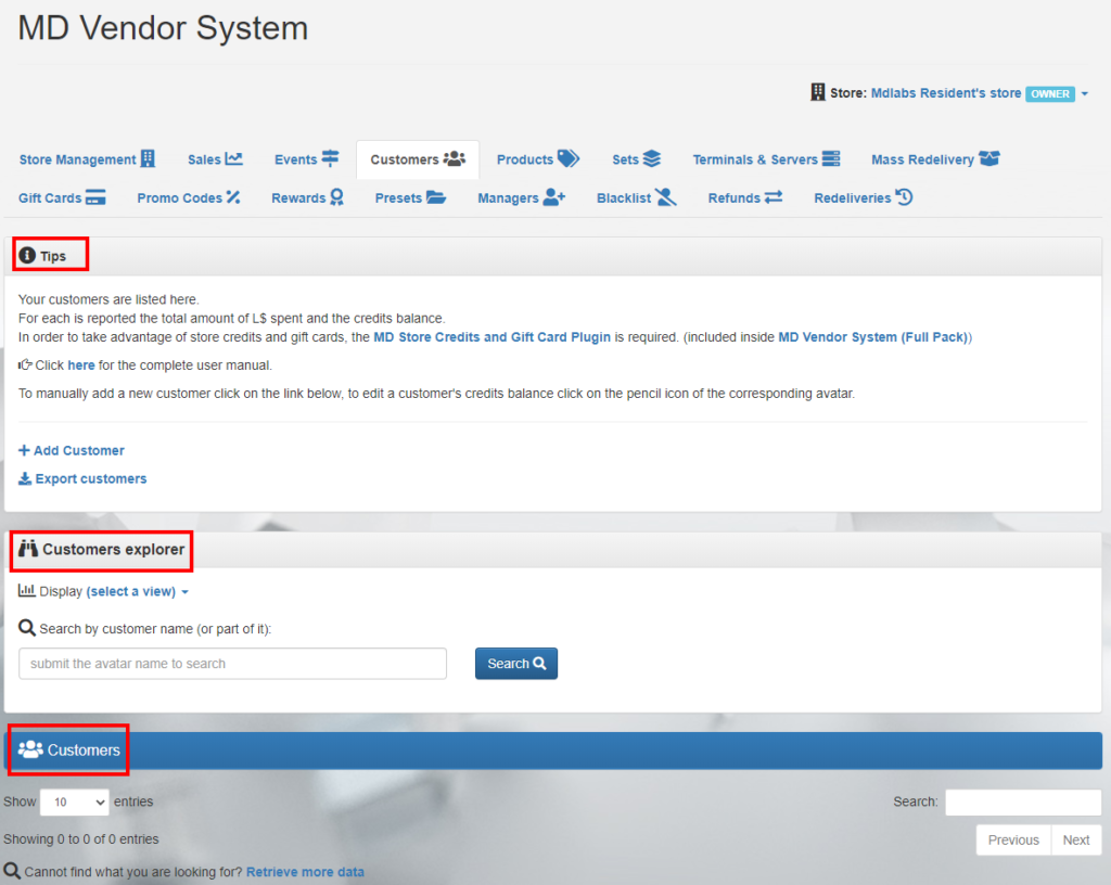 MD Vendor System Homepage - Customers tab (click to enlarge)