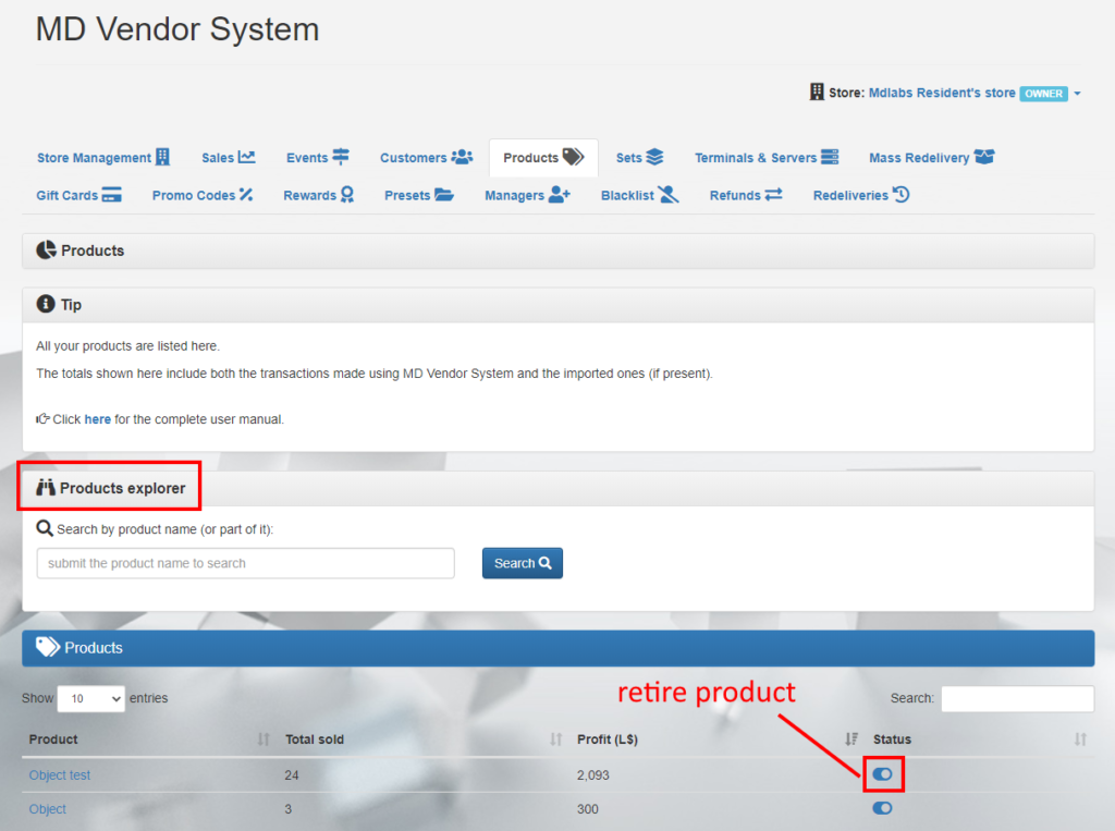 MD Vendor System Homepage - Products tab (click to enlarge)