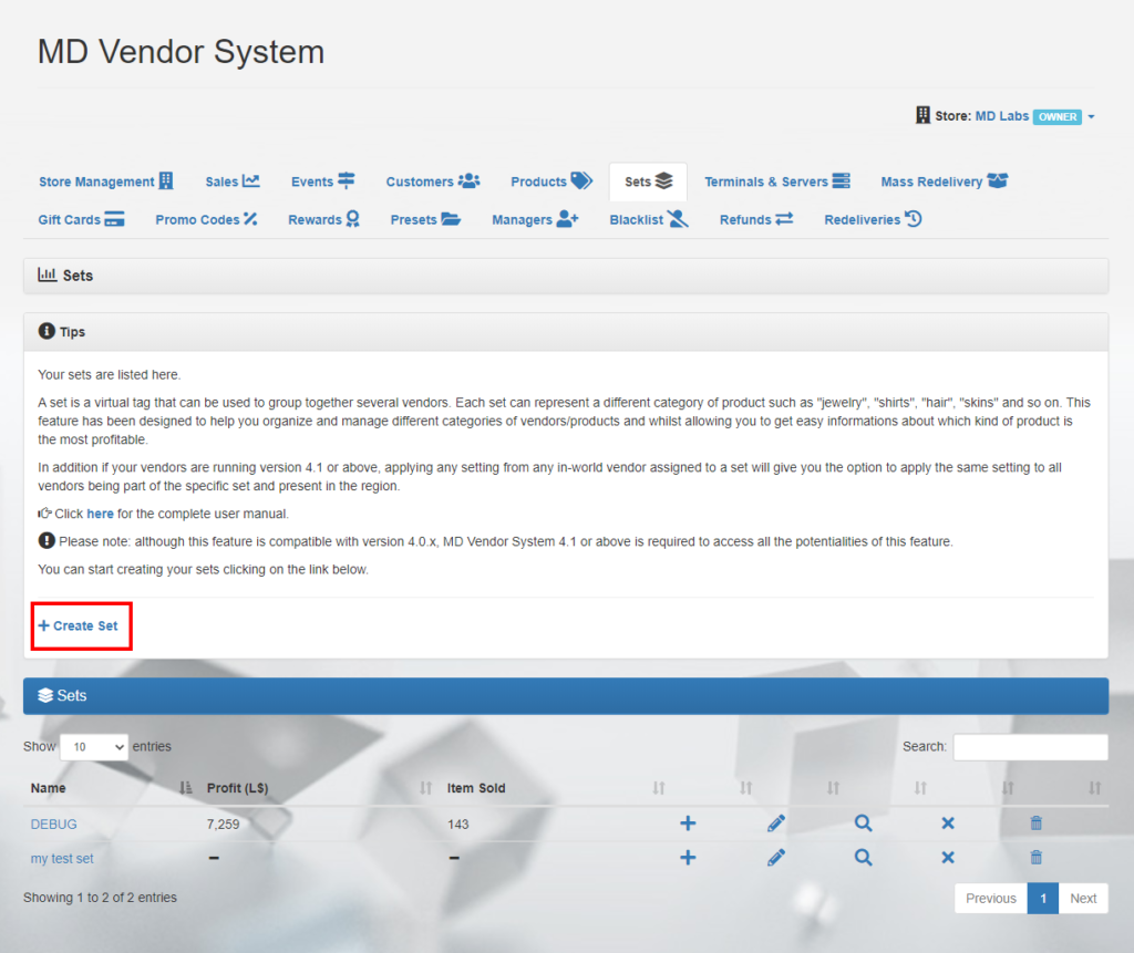 MD Vendor System Homepage - Sets tab (click to enlarge)