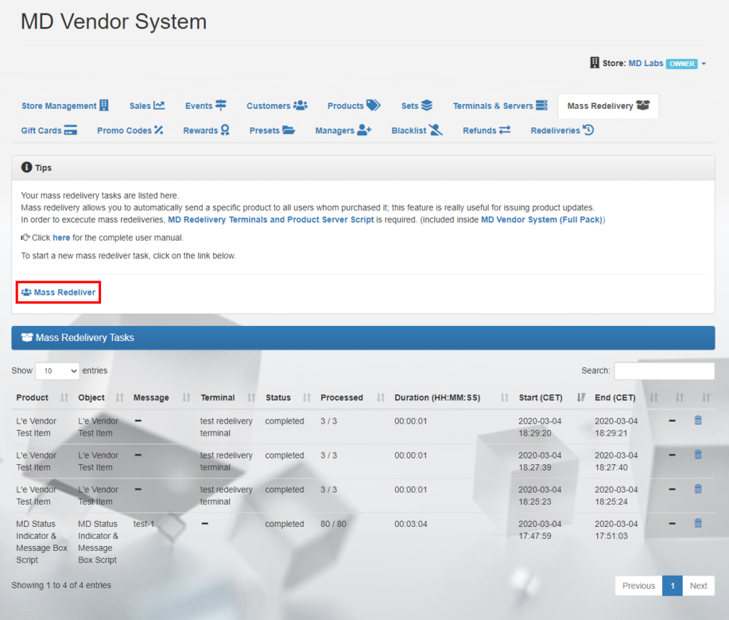 MD Vendor System Homepage – Mass Redelivery tab (click to enlarge)