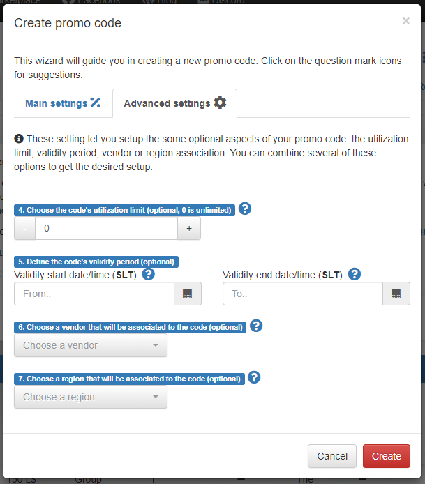 Promo Code generation wizard – Advanced options
