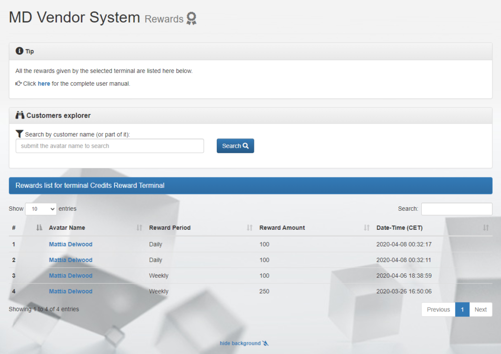 MD Vendor System Homepage – Rewards detail (click to enlarge)