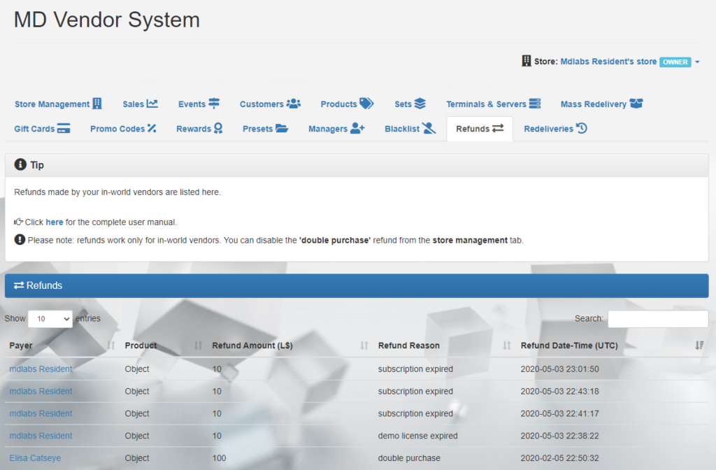 MD Vendor System homepage – Refunds tab (click to enlarge)