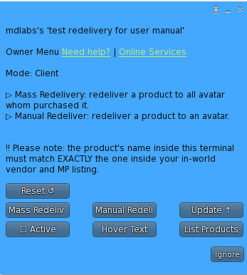 MD Redelivery Terminal & Product Server – Owner Menu