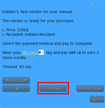 User Menu – Gift Card as payment method