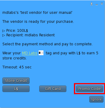 User Menu – Promo Code as payment method