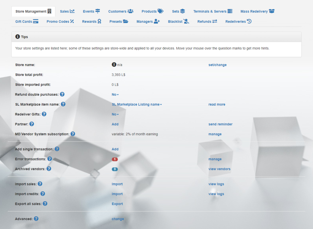MD Vendor System Homepage – Store Management tab (click to enlarge)