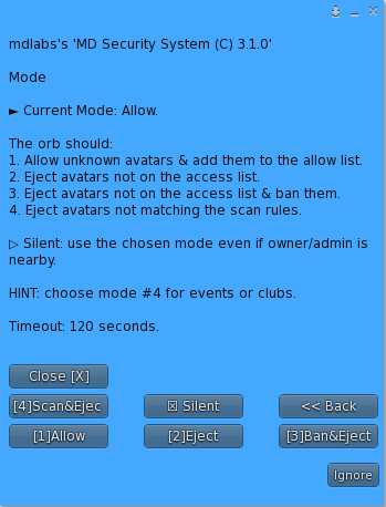 MD Security System - Mode submenu