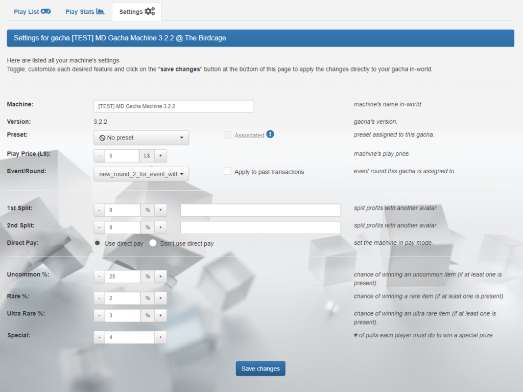 MD Gacha Machine - Machine's settings page (click to enlarge)