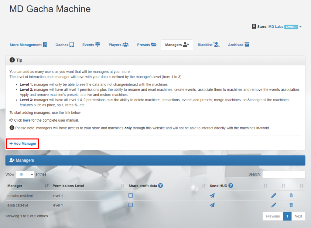 MD Gacha Machine Homepage – Managers tab (click to enlarge)