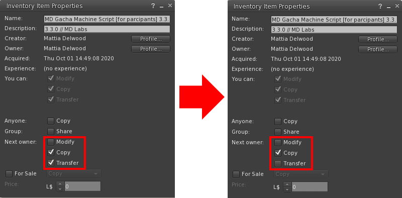 Next Owner permission's change before sending the script to participants