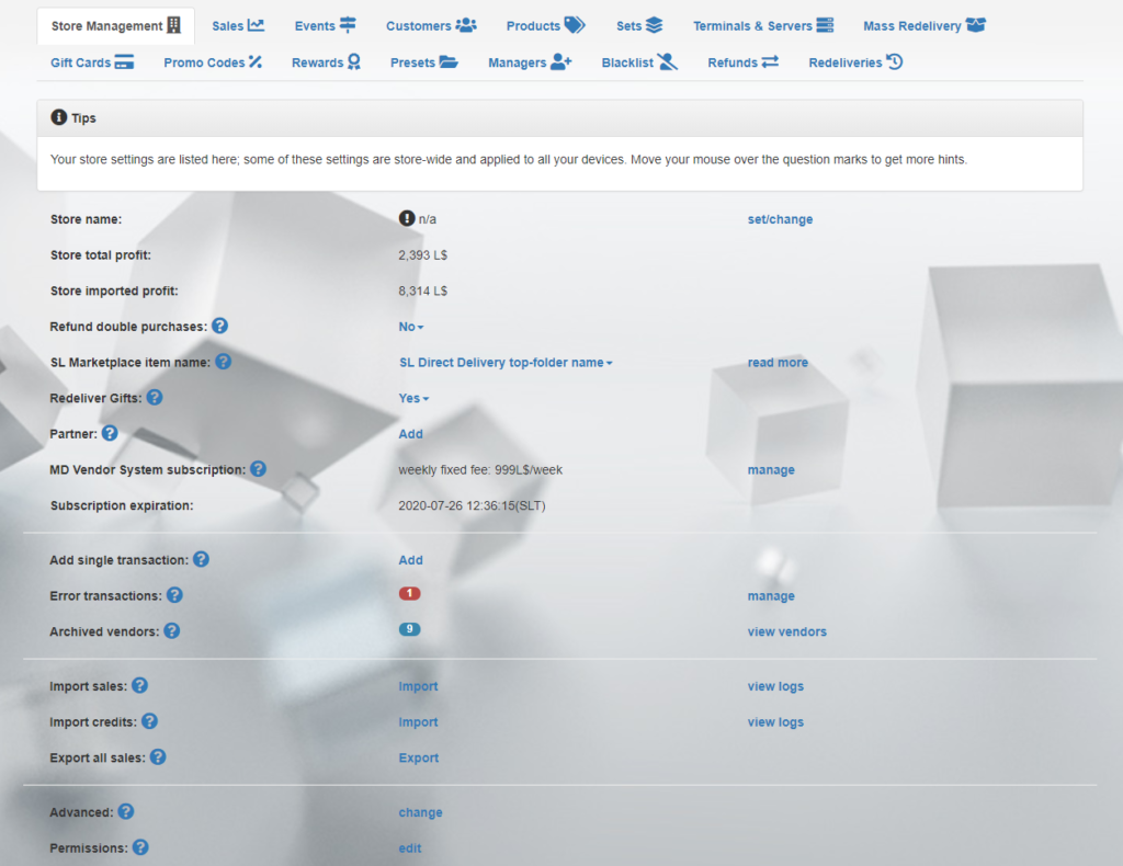 MD Vendor System Homepage – Store Management tab (click to enlarge)