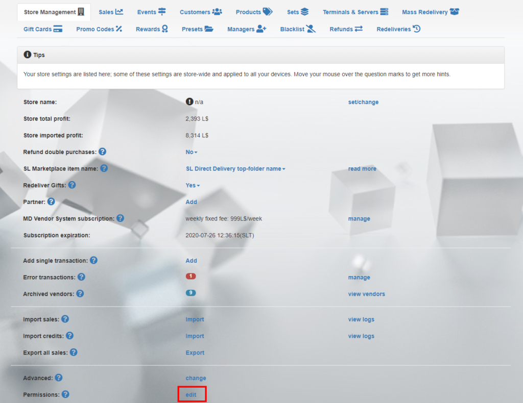 Store Management tab – edit permissions (click to enlarge)
