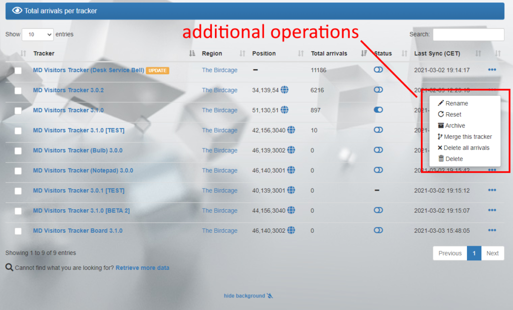 MD Visitors Tracker homepage – Additional operations (click to enlarge)