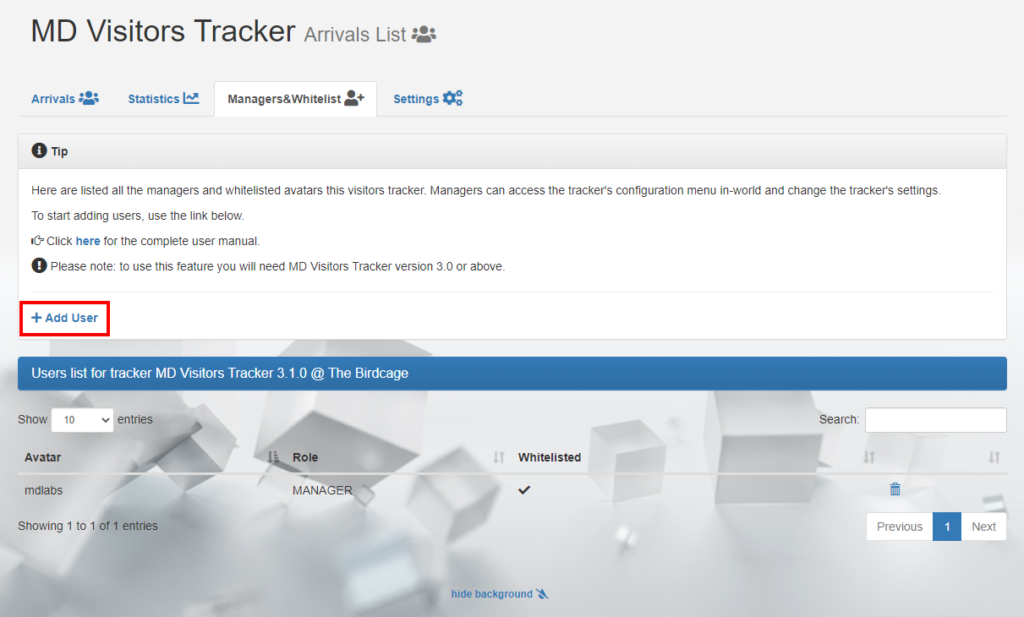 MD Visitors Tracker – managers&whitelist (click to enlarge)