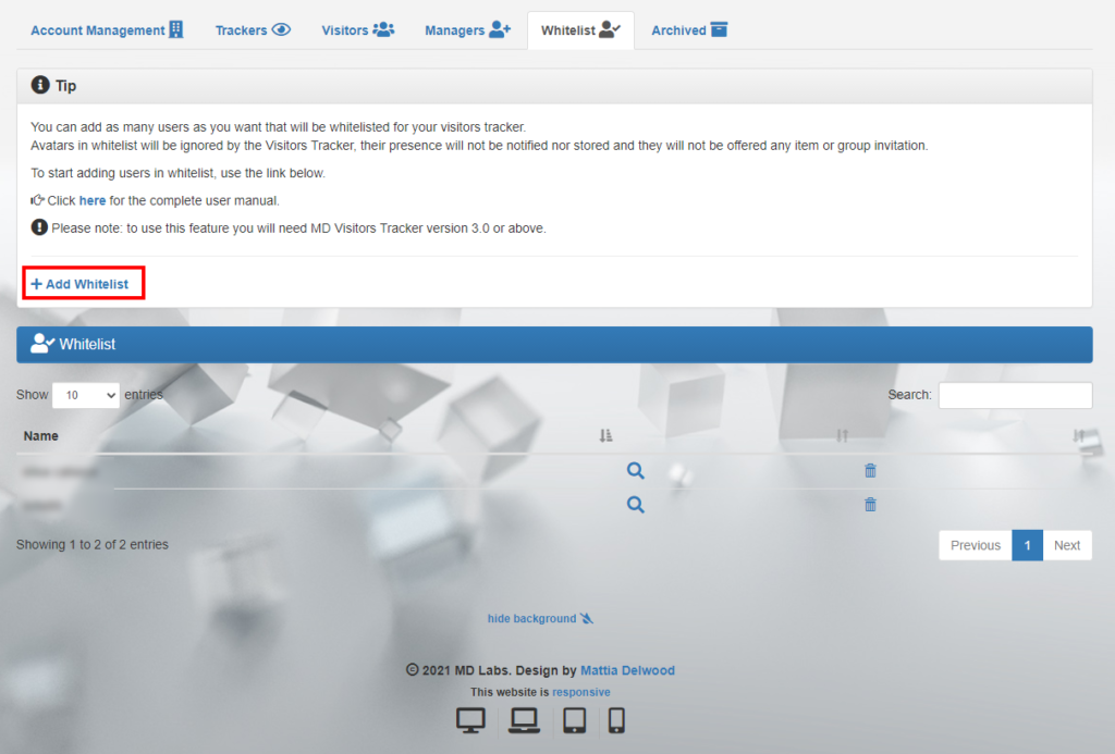 MD Visitors Tracker Homepage – Whitelist tab (click to enlarge)
