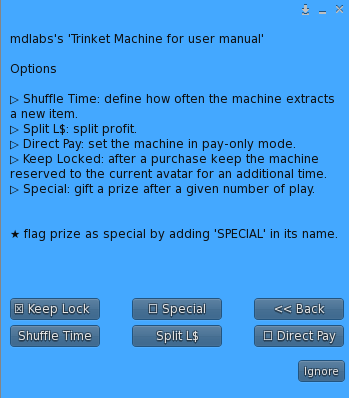 MD Trinket Machine - Options menu