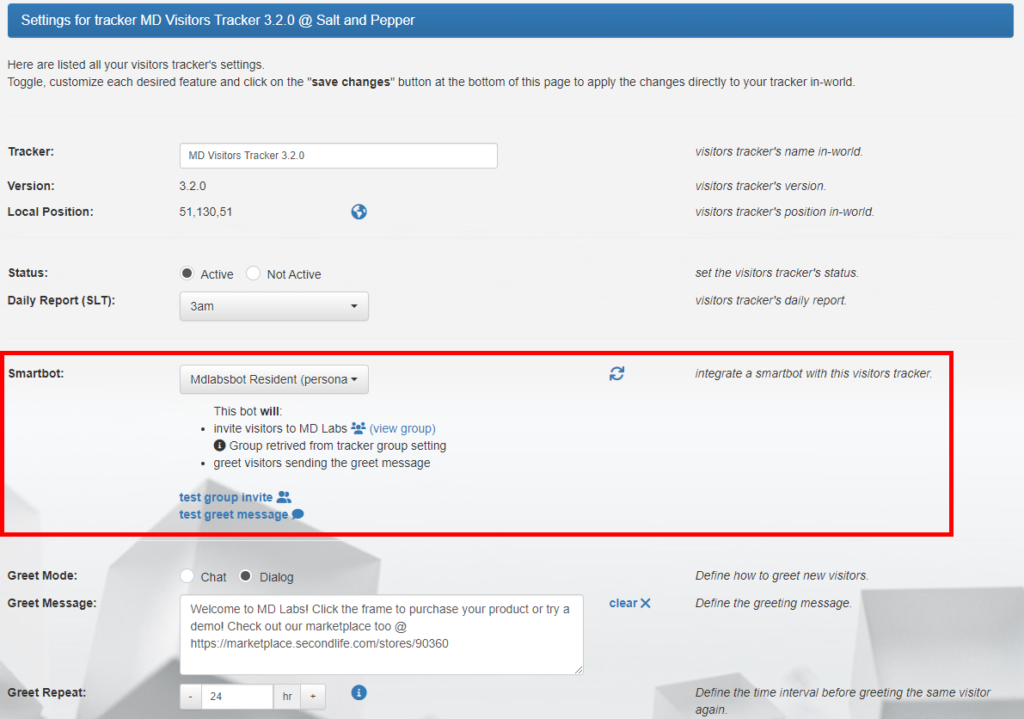 MD Visitors Tracker Settings - smartbot section