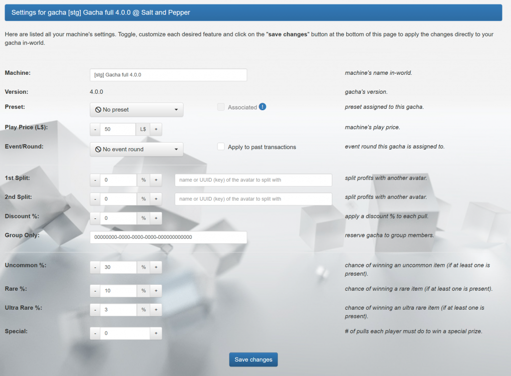 MD Gacha Machine - Machine's settings page (click to enlarge)