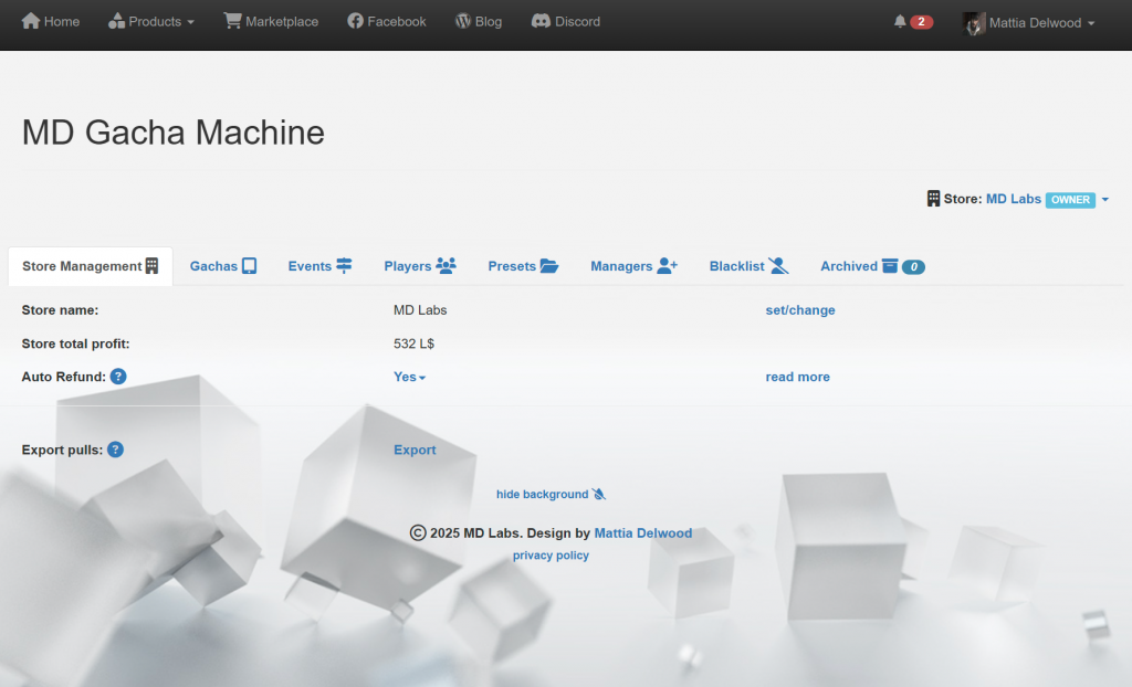 MD Gacha Machine Homepage – Store Management tab (click to enlarge)
