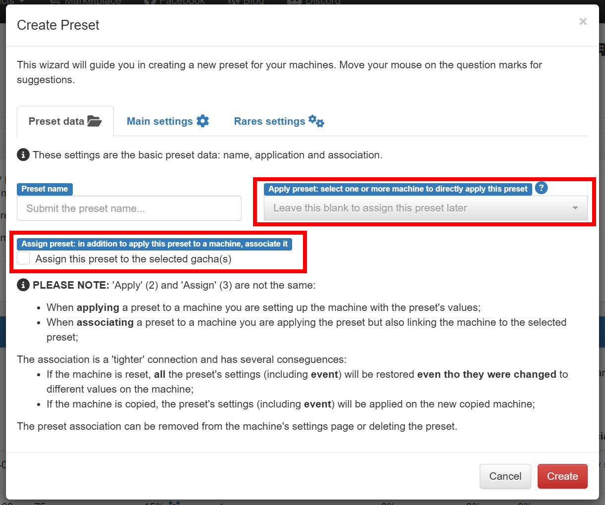 Create preset wizard – Apply options