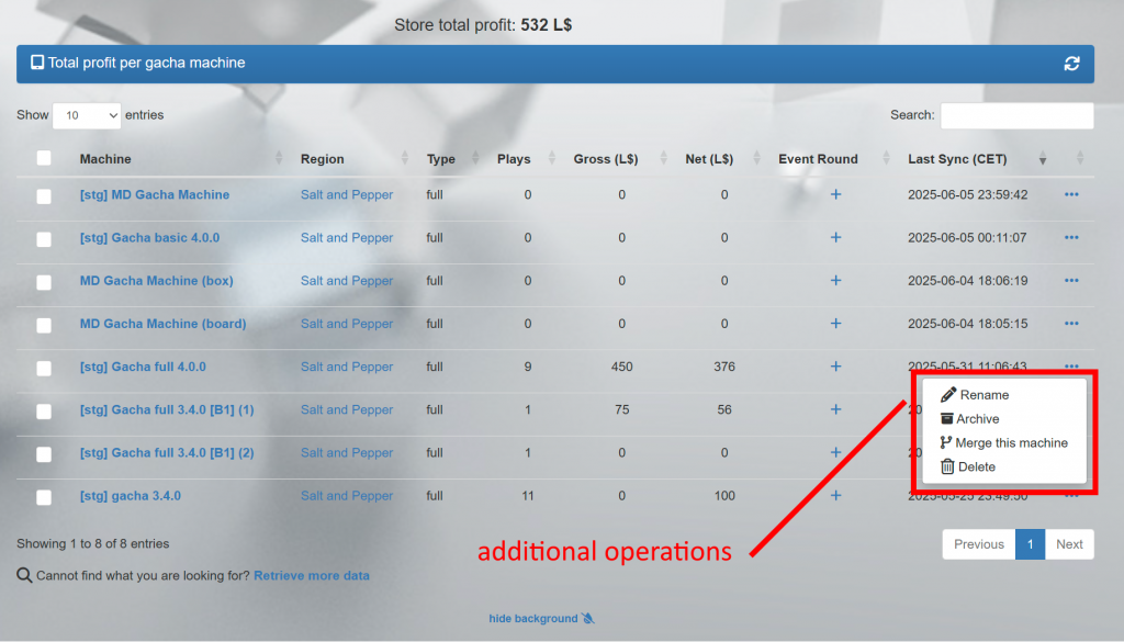 MD Gacha Machine homepage - Additional operations (click to enlarge)